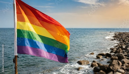lgbt flag against ocean sea whater background, pride parade, lgbt pride month, fight against homophobia, tolerance, rally of many people photo