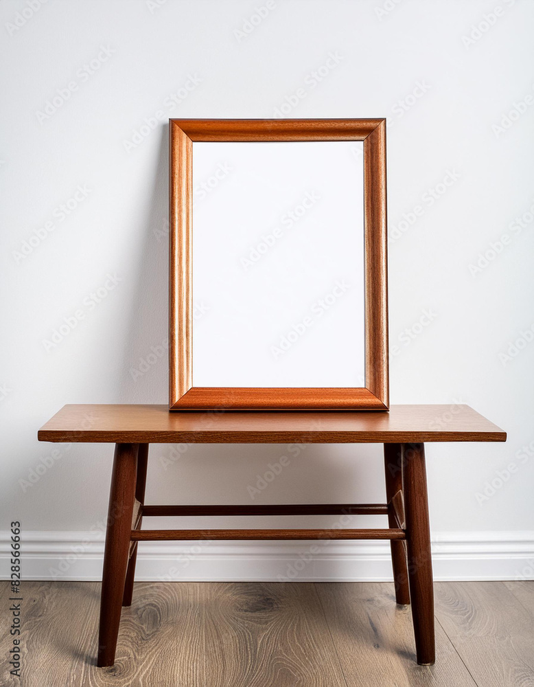Wooden frame mockup on white wall. Poster mockup. Clean, modern, minimal frame. Empty fra.me Indoor interior, show text or product Wooden frame mockup on white wall. Poster mockup. Clean, modern, minimal frame. Empty fra.me Indoor interior, show text or product