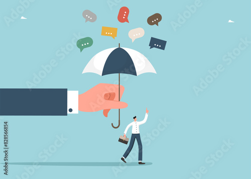 Сonnection problem or overload, too many messages, communication skills, business communication, discussion concept, information transfer, hand with umbrella protects man from falling speech bubbles.