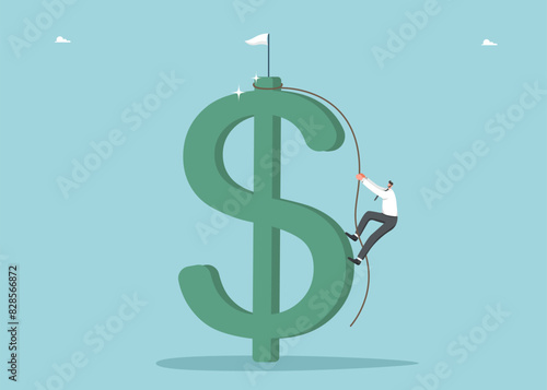 Increasing income and wages, financial growth, improving the economy, profitability of the investment portfolio, growth of dollar currency, reduction in inflation, man on rope climbs to top of dollar.