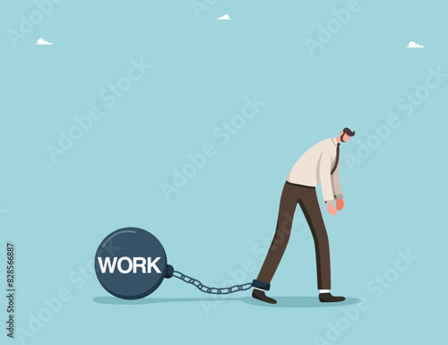 Lack of strength or energy for productive work, emotional burnout or fatigue, loss of inspiration or lack of ideas for business development, shackles with inscription work are chained to man's leg.
