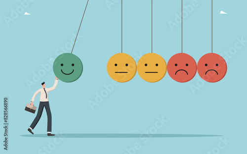 Change your thinking and attract positive emotions, work for the result to increase positive reviews about the quality of products and service, man wants to change sad emojis to positive ones.