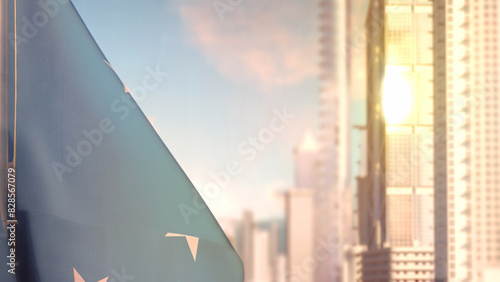 flag of Micronesia on city skyscrapers buildings vanilla sunrise backdrop for national holiday - abstract 3D illustration photo