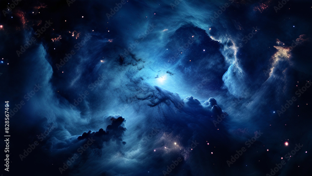 nebula, which is an interstellar cloud of dust, hydrogen, helium and other ionized gases. It is a cosmic scene with shades of blue at its center