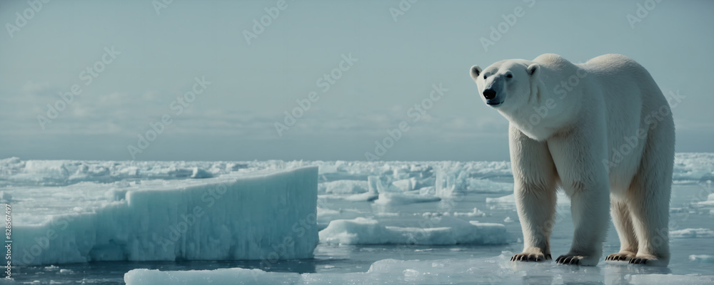 Naklejka premium Polar bear standing on block of ice surrounded by water in the arctic sea showcasing the ice melting. Highly detailed illustration
