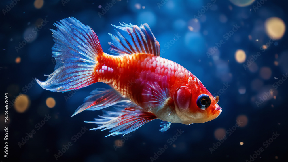 Bright blue betta fish with red accents on fins and tail, swimming in water. The background of the blurred Bright blue betta fish with red accents on fins and tail, swimming in water. The background of the blurred
