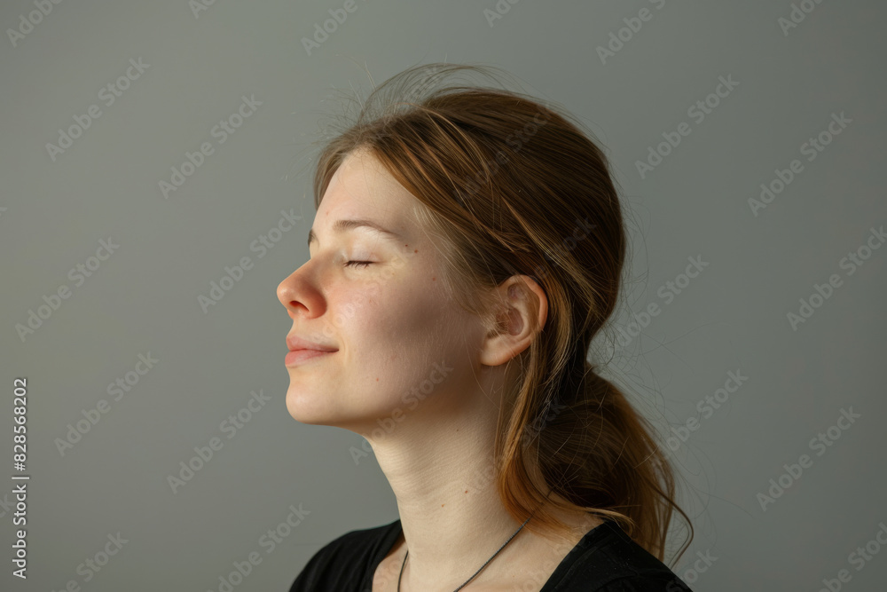 A close up of a woman's face with her eyes closed looking to a side A close up of a woman's face with her eyes closed looking to a side