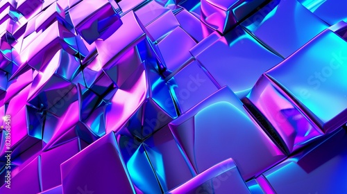 : Abstract holographic purple and blue background in 3D render with cubic forms and reflective textures. photo