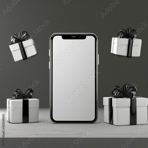 3d illlustration models composition of white phone standing^ frontal position^ afore there is a floating model of a white mockup discount card,behind the phone stans small pale of two presents and 3 photo