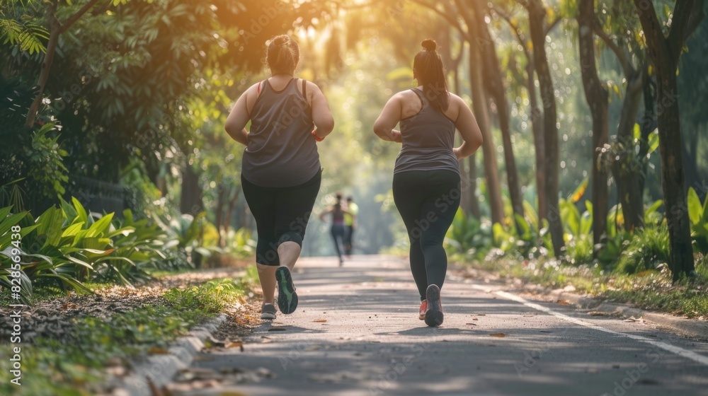 Obraz premium Two women running down a path in a park. Suitable for fitness and lifestyle concepts
