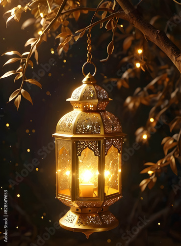 Islamic Background for Eid Mubarak Lantern Mosque Golden Crescent 3d clouds AI generated 