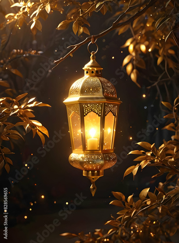 Islamic Background for Eid Mubarak Lantern Mosque Golden Crescent 3d clouds AI generated 