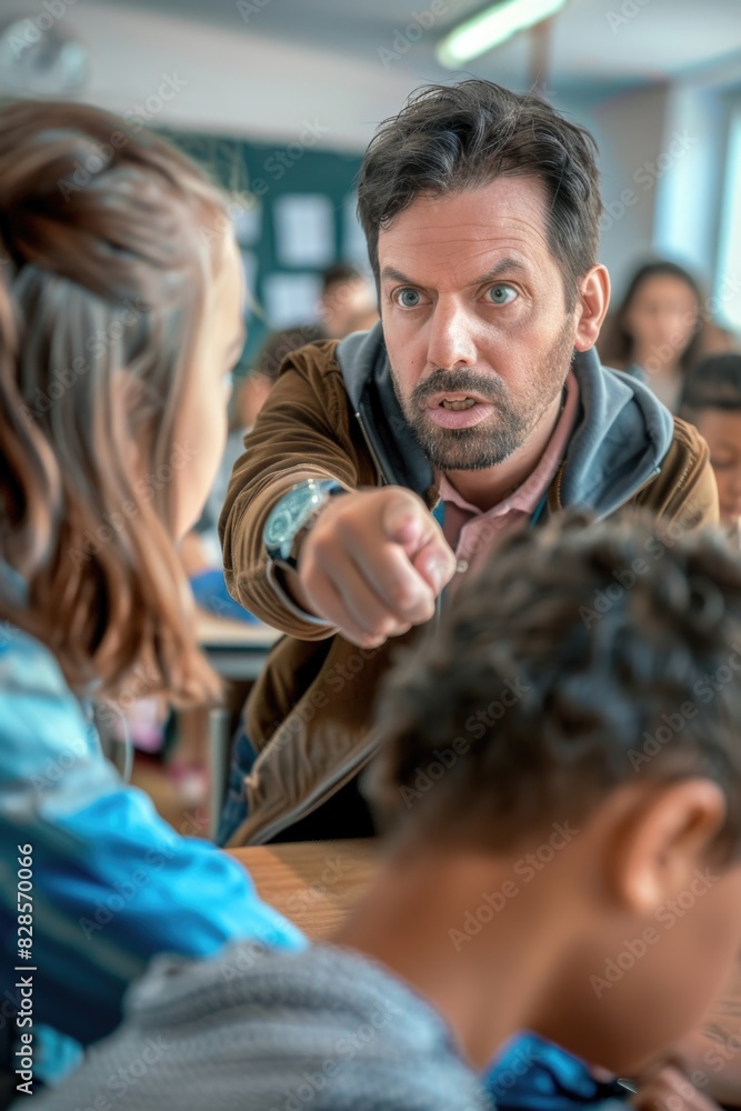 A man pointing at something in front of a group of children. Suitable for educational and leadership concepts A man pointing at something in front of a group of children. Suitable for educational and leadership concepts