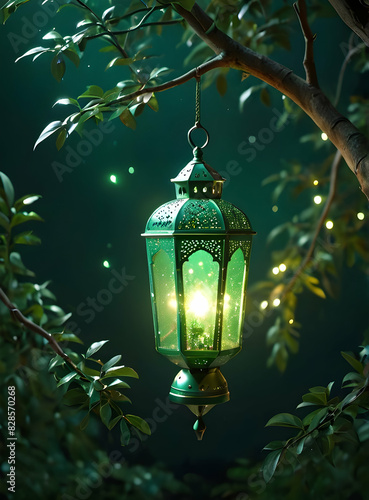 Islamic Background for Eid Mubarak Lantern Mosque Golden Crescent 3d clouds AI generated 