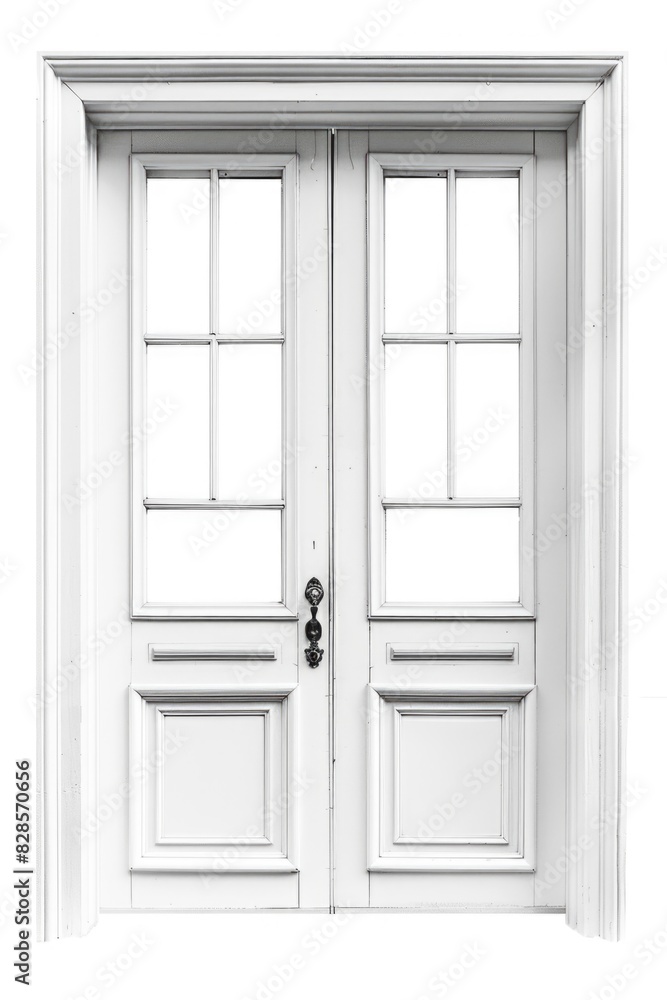 A white double door with two windows, suitable for architectural design projects A white double door with two windows, suitable for architectural design projects