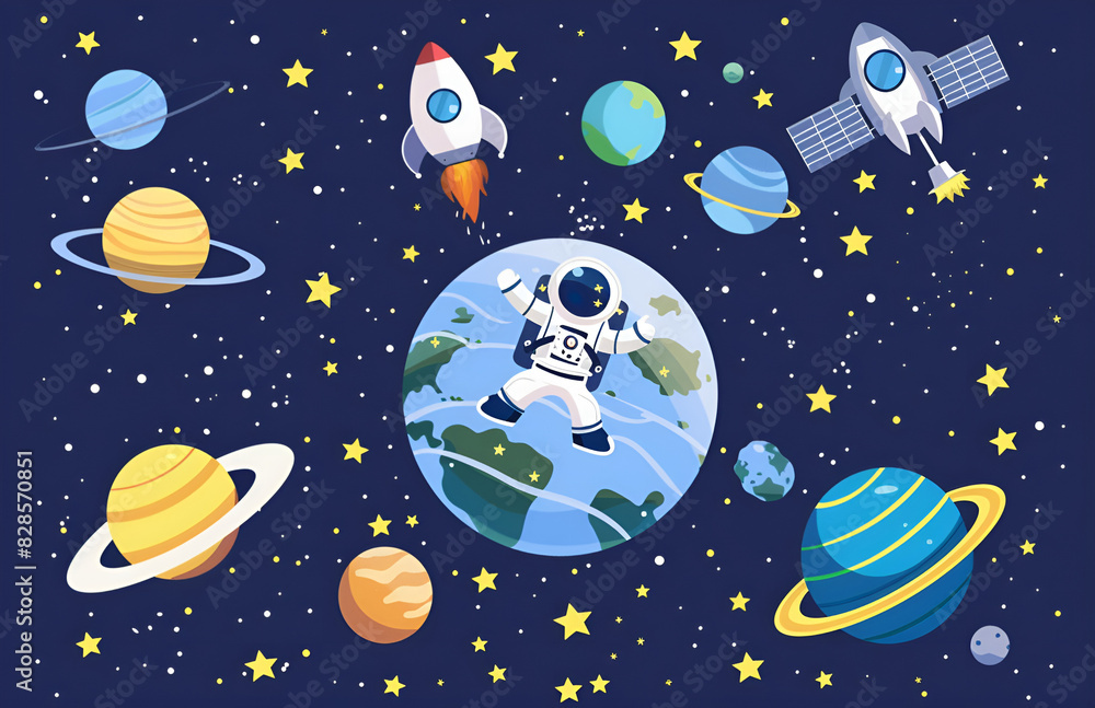 A cartoon vector illustration of an astronaut floating in space, surrounded by planets and stars, Generative AI