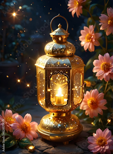 Islamic Background for Eid Mubarak Lantern Mosque Golden Crescent 3d clouds AI generated 