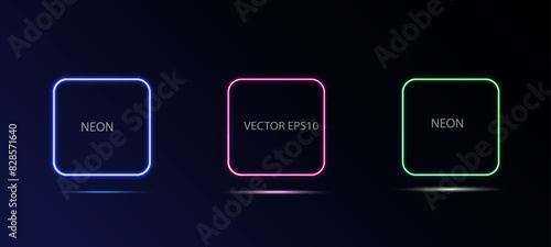 Set of illuminate frame design. Abstract cosmic vibrant color square backdrop. Collection of glowing neon lighting
