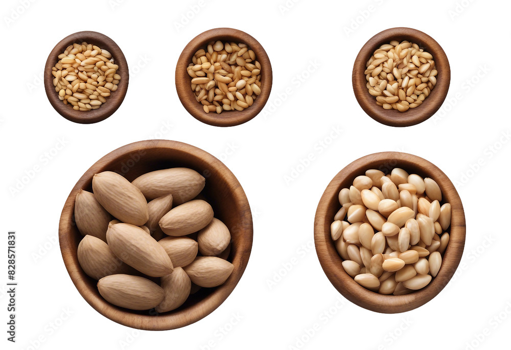 Sets of pine nuts in a wooden bowl isolated on transparent background Sets of pine nuts in a wooden bowl isolated on transparent background
