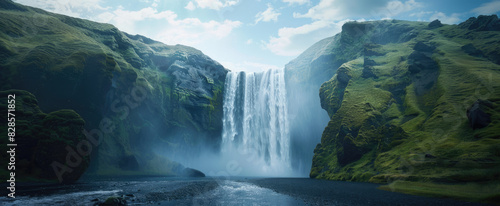 the waterfall in Iceland  the tall waterfall has to be seen from very far away. A man stands at its base looking up into the endless expanse of black sky above him