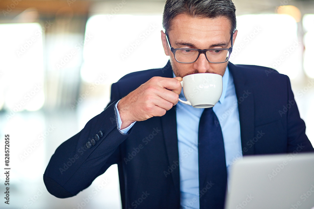 Businessman, laptop and drinking coffee with online research with morning email, project planning or office. Male person, networking and tech entrepreneur or company founder, caffeine or connectivity Businessman, laptop and drinking coffee with online research with morning email, project planning or office. Male person, networking and tech entrepreneur or company founder, caffeine or connectivity