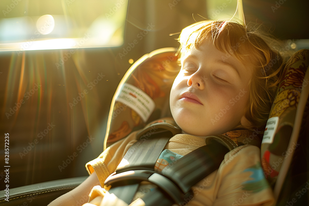 Obraz premium little child sleeping in the car, Generative AI