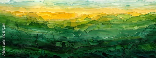 An abstract painting with layers of neat lines in varying shades of green.