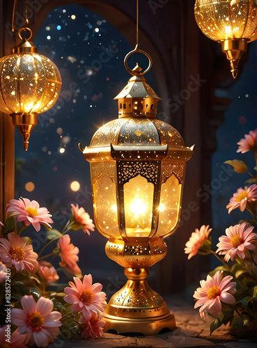 Islamic Background for Eid Mubarak Lantern Mosque Golden Crescent 3d clouds AI generated 