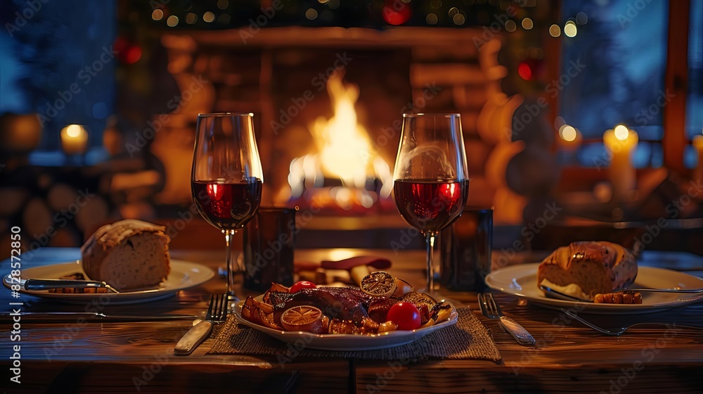 Cozy romantic dinner in a rustic cabin, with a crackling fireplace, soft lighting, and a gourmet meal set on a wooden table Cozy romantic dinner in a rustic cabin, with a crackling fireplace, soft lighting, and a gourmet meal set on a wooden table