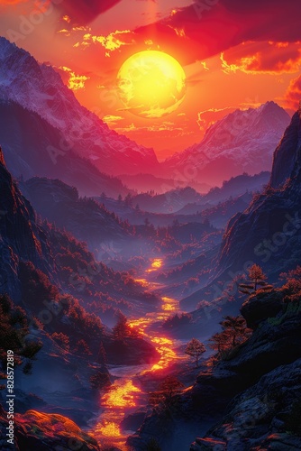 Photorealistic Summer Sunrise Illuminates Misty Mountain Landscape