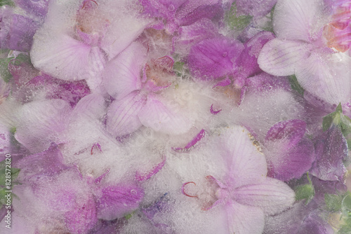 abstract background with pink orchids frozen in ice photo