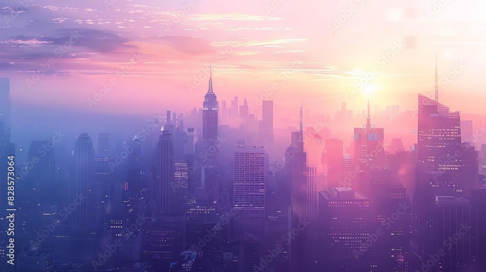 Dawn breaking over a bustling cityscape, with pastel colors in the sky and the silhouette of skyscrapers creating a stunning skyline Dawn breaking over a bustling cityscape, with pastel colors in the sky and the silhouette of skyscrapers creating a stunning skyline