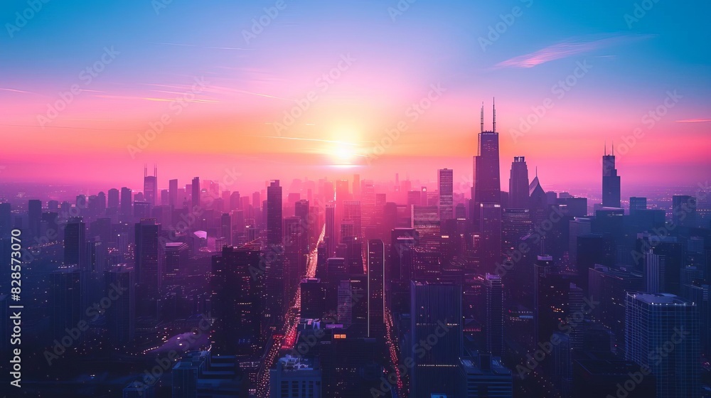 Dawn breaking over a bustling cityscape, with pastel colors in the sky and the silhouette of skyscrapers creating a stunning skyline Dawn breaking over a bustling cityscape, with pastel colors in the sky and the silhouette of skyscrapers creating a stunning skyline