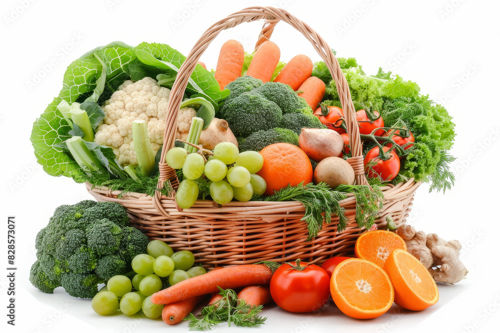 Fresh organic frbroccoli, grocery, lettuce, tomato, vegetable, carrot, ingredient, basket, cabbage, detox, wicker, food, fruit, organic, buy, crop, cut out, full, huits and vegetables in wicker basket Fresh organic frbroccoli, grocery, lettuce, tomato, vegetable, carrot, ingredient, basket, cabbage, detox, wicker, food, fruit, organic, buy, crop, cut out, full, huits and vegetables in wicker basket