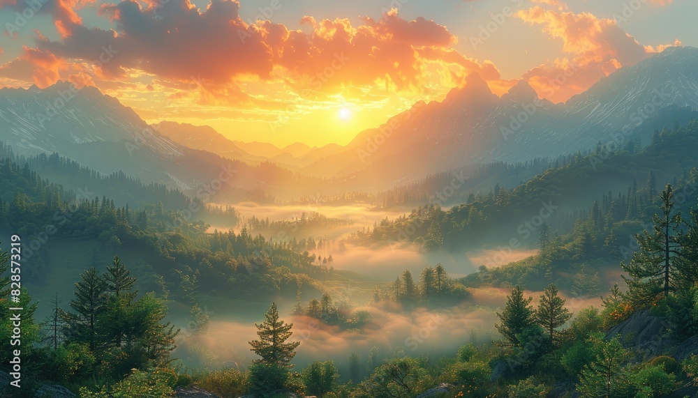 Dreamy Golden Light Transforms Misty Mountain Landscape at Summer Sunrise