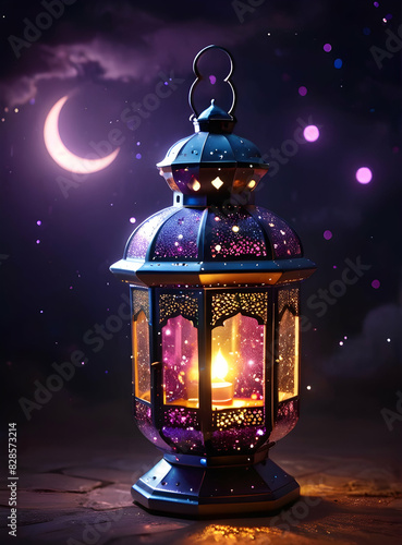 Islamic Background for Eid Mubarak Lantern Mosque Golden Crescent 3d clouds AI generated 