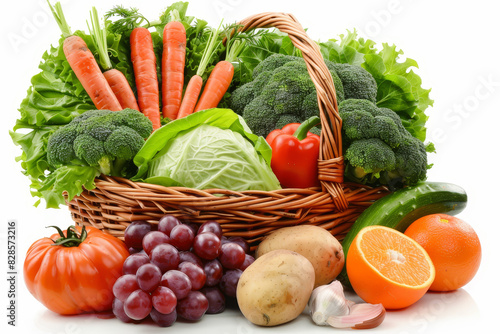 Fresh organic frbroccoli  grocery  lettuce  tomato  vegetable  carrot  ingredient  basket  cabbage  detox  wicker  food  fruit  organic  buy  crop  cut out  full  huits and vegetables in wicker basket