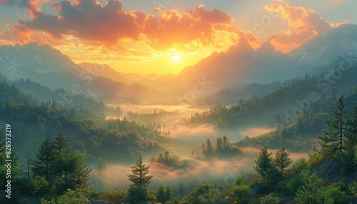 Dreamy Golden Light Transforms Misty Mountain Landscape at Summer Sunrise