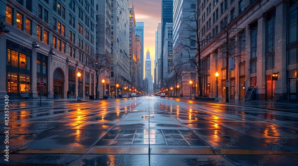 Early morning cityscape with the first light of day illuminating tall buildings, empty streets, and a peaceful, serene atmosphere Early morning cityscape with the first light of day illuminating tall buildings, empty streets, and a peaceful, serene atmosphere