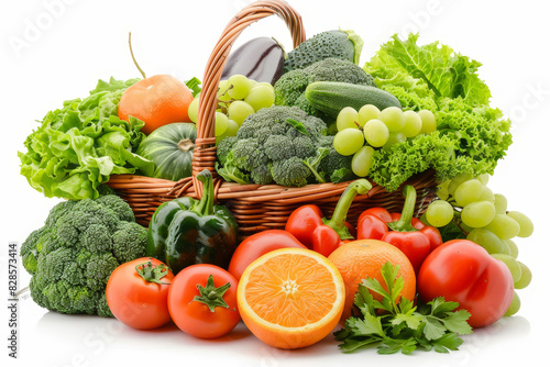 Fresh organic frbroccoli, grocery, lettuce, tomato, vegetable, carrot, ingredient, basket, cabbage, detox, wicker, food, fruit, organic, buy, crop, cut out, full, huits and vegetables in wicker basket