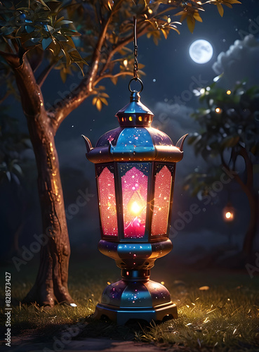 Islamic Background for Eid Mubarak Lantern Mosque Golden Crescent 3d clouds AI generated 