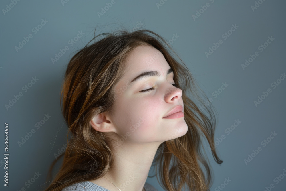 A close up of a woman's face with her eyes closed looking to a side A close up of a woman's face with her eyes closed looking to a side