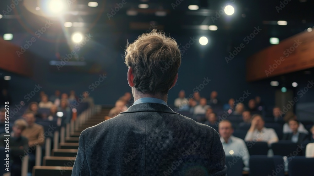 A man standing in front of a large crowd. Ideal for business presentations or leadership concepts A man standing in front of a large crowd. Ideal for business presentations or leadership concepts