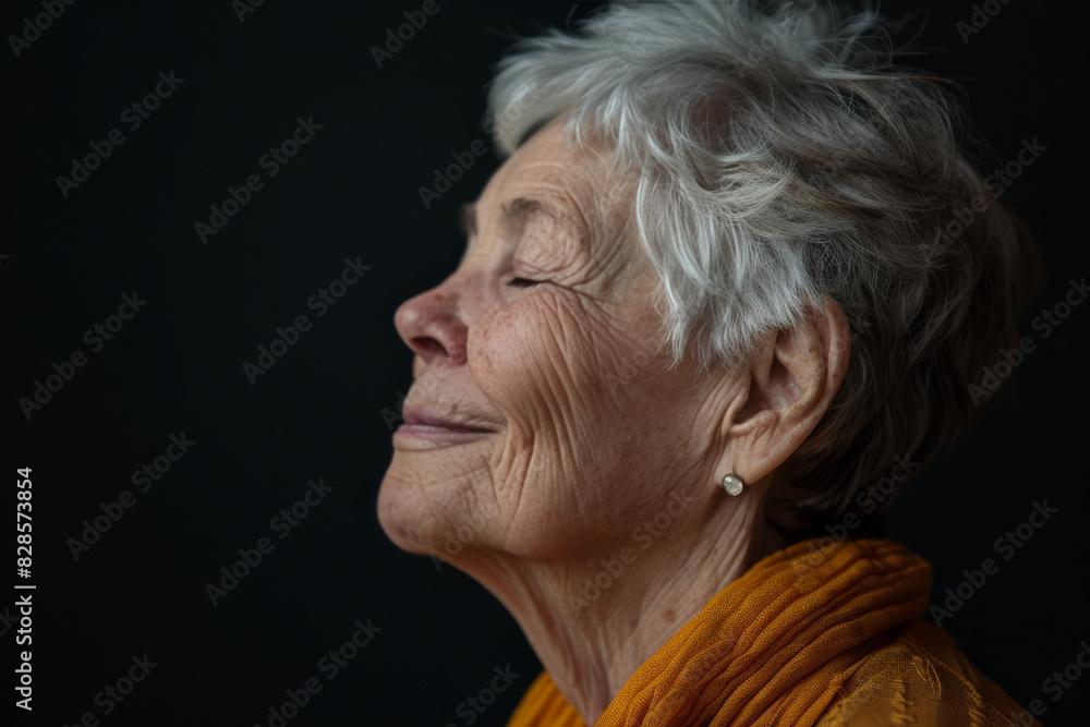 A close up of a woman's face with her eyes closed looking to a side A close up of a woman's face with her eyes closed looking to a side