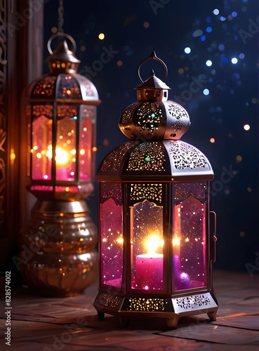 Islamic Background for Eid Mubarak Lantern Mosque Golden Crescent 3d clouds AI generated 