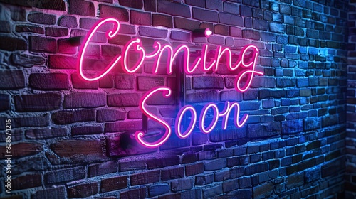 A striking neon sign with the words 'Coming Soon' set against a weathered brick wall, glowing in a vibrant pink and blue hue, invoking anticipation