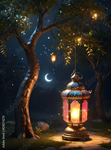 Islamic Background for Eid Mubarak Lantern Mosque Golden Crescent 3d clouds AI generated 
