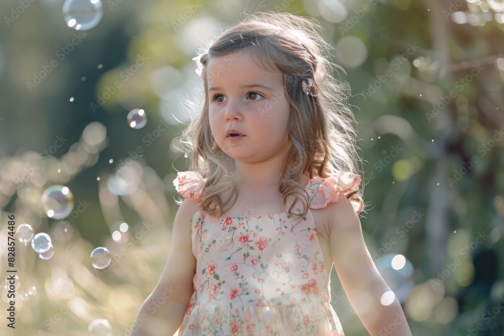 A little girl standing in a field of bubbles. Suitable for children's events and parties A little girl standing in a field of bubbles. Suitable for children's events and parties