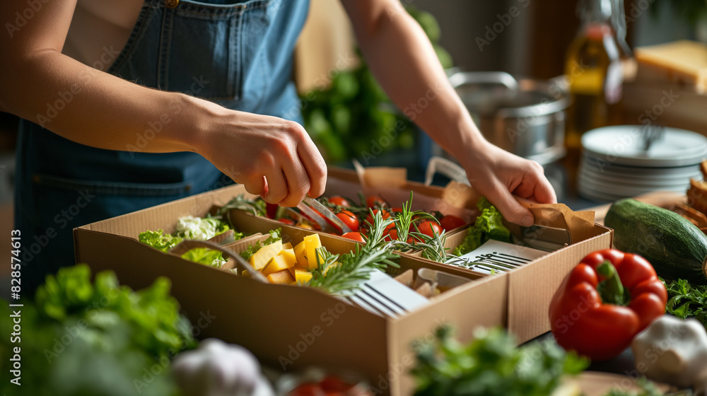 A customer unpacking a meal prep kit with fresh ingredients and recipe cards. Dynamic and dramatic composition, with cope space