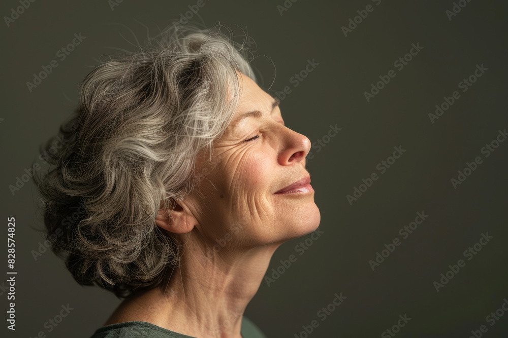 A close up of a woman's face with her eyes closed looking to a side A close up of a woman's face with her eyes closed looking to a side